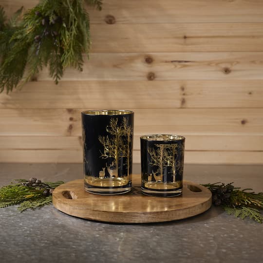 Black & Gold Mossy Oak Deer Glass Candle Holder Set